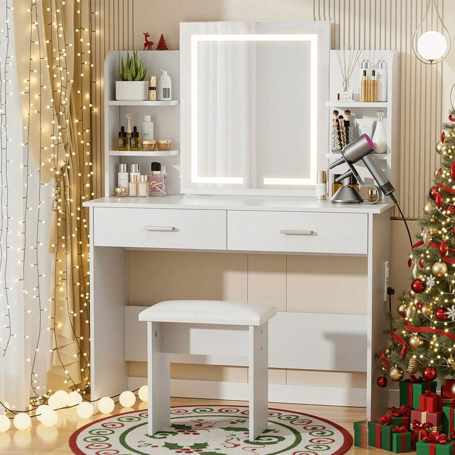 VOWNER Makeup Vanity Desk With Outlet, LED Lighted Mirror Brightness & Color Adjustable, 4 Shelves, 2 Drawers And Stool, For Girls Women - 白色 - 查看 1