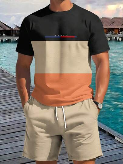 Bộ 2 món đồ nam mùa hè, áo thun cổ tròn in chữ phối màu và quần short dây rút, bộ đồ quần short thường ngày, trang phục tập luyện, cỡ lớn.