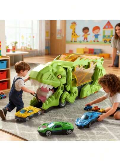 3-In-1 Dinosaur Transforming Playset - Tyrannosaurus Rex, Portable Foldable Track Sliding Storage, Alloy Transforming Devouring Car, Multi-Play, Parent-Child Interactive Toy, Suitable For 3-6 Years Old Boys And Girls, Christmas/Back To School Gift