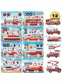 12张消防车贴纸，生日礼物，课堂派对小礼物，8种设计，送给消防车爱好者的礼物 - 彩色 - 查看 1