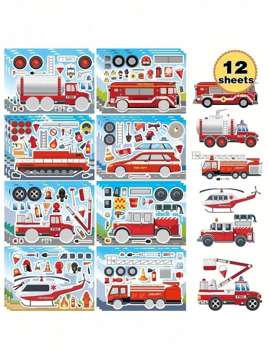 12张消防车贴纸，生日礼物，课堂派对小礼物，8种设计，送给消防车爱好者的礼物 - 彩色 - 查看 1