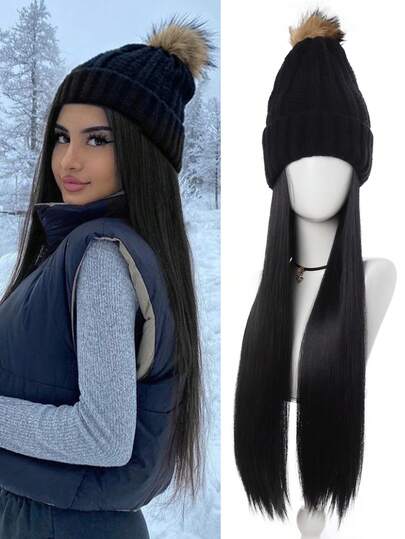 22 Inch Hat Wig For Women Black Knit Hat With Long Straight Synthetic Hair Extensions Winter Hat Wig For Daily Use