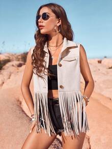 RELISH NOLESS Western Wear Women Cowgirl Outfit Boho Hippie Old Money Bohemian Festival Suede Fringe Jacket - Beige - View 1