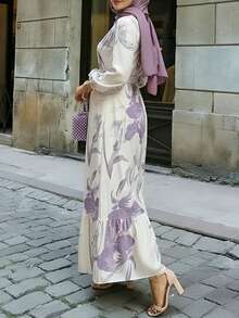 SuofeiMan Women's Elegant Floral Print Elastic Waist Ruffle Hem Arabic Style Dress, Suitable For Casual, Travel, Holiday, Vacation Or Party Occasions - Purple - View 4