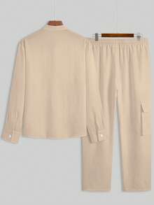 男士轻薄透气休闲纯色立领长袖衬衫，袖口设计，宽松薄款，搭配纯色长裤，适合外出和通勤，两件套 - 杏色 - 查看 3