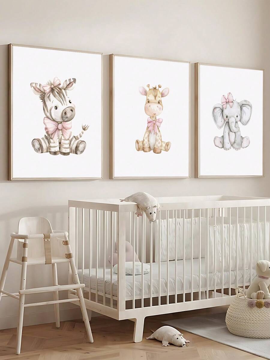 3幅现代女孩动物图案水彩画，粉色蝴蝶结装饰，学期开始主题墙贴，节日礼物，卧室装饰，客厅装饰，办公室装饰，教室装饰，墙面艺术，墙面装饰，家居装饰，房间装饰，帆布墙画，海报，带框墙画，可选画框 - 彩色 - 查看 1