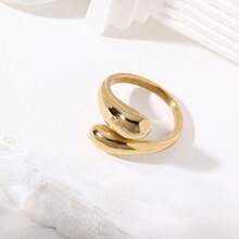 1 件 18K 镀不锈钢双水滴开口戒指，优雅设计适合派对、约会、办公室女士、节日穿着 - 金黃色 - 查看 2
