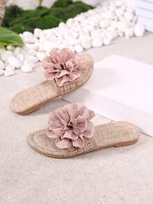 1 par de sandalias de playa de verano para niños, con tiras planas y diseño floral tejido de paja, para vacaciones casuales - Caqui - Ver 3