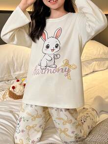 2pcs/Set New Spring/Summer Round Neck Girls Pajamas, Casual Cute Rabbit Print Children Clothing - Apricot - View 4