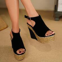 12cm Super High Heel Women's Sandals, Sexy Outdoor, Wedding, Party, Peep Toe Platform Wedge Sandals, Suitable For Women - Strap Buckle Design, Sequin Material, Fashionable Summer Choice, Black High Heel Sandals - Black - View 12