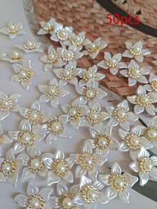 50朵/袋，22毫米五瓣花，金色背景珍珠水钻树脂花，无孔珍珠花，适用于五瓣服装装饰 - 白色 - 查看 6