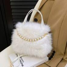 Lightweight, Portable, Fluffy, Soft, Plush Textured Casual Y2K Style Furry Tote Bag, Fashionable Unique Original Shoulder Bag - Khaki - View 2