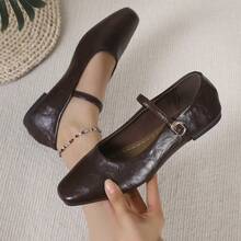 Black Mary Jane Flat Square Toe Casual Shoes, New Preppy Style Buckle Office Shoes For Spring & Autumn - Brown - View 10