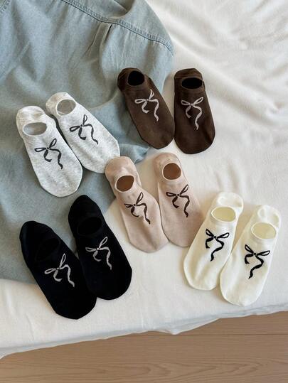 5双装女士甜美蝴蝶结简约船袜，隐形休闲款，适合日常穿着和外出，四季皆宜