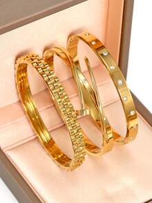 18K Gold Plated Stainless Steel Nail Bangle, Suitable For Women's Daily Wear, Classic European And American Multi-Element Design Style, Generous Personalized Luxury Casual Rhinestone Jewelry, Wedding Jewelry Set, Girls, Women, Moms, Relatives, Friends, Beautiful Wedding, Birthday, Valentine's Day, Mother's Day Gift - Gold - View 11