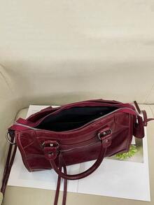 1 件酒红色拼接铆钉镶嵌金属拉链流苏装饰复古 PU 材质双提手可调节长肩带设计拉链闭合时尚复古甜美酷炫机车包 Y2K 朋克风方形包女士手提包休闲低调奢华风女士斜挎包适合日常通勤、工作、购物等用途 - 酒紅色 - 查看 11