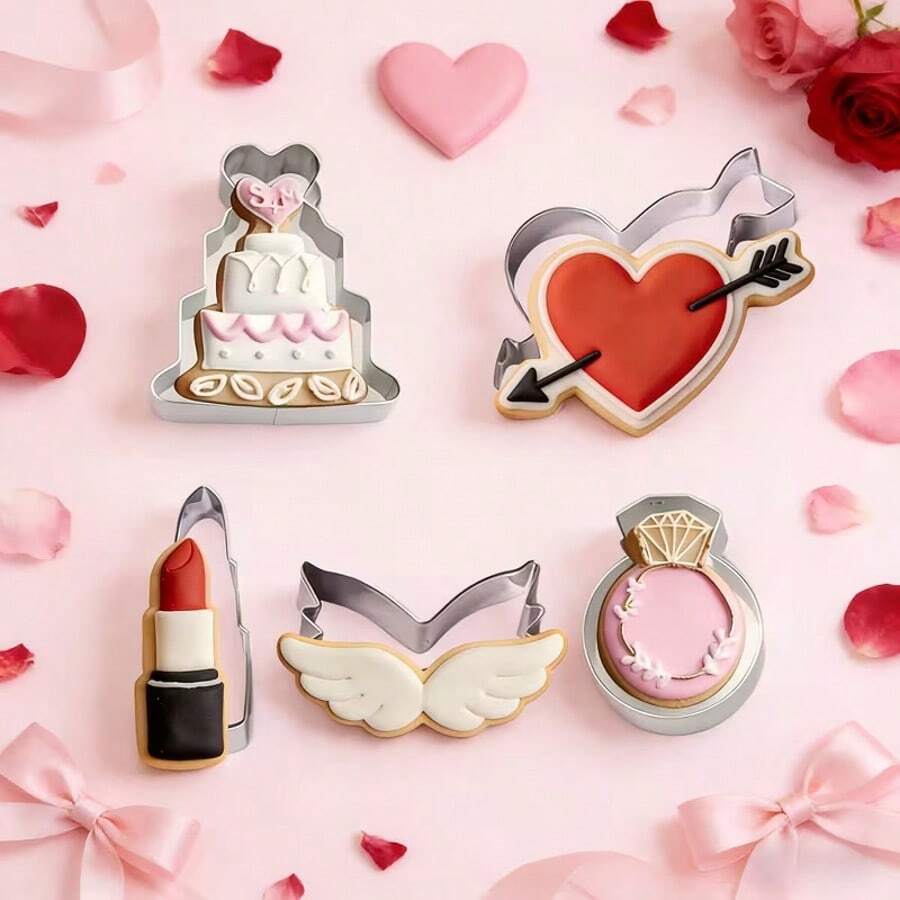 5pcs/12pcs Valentine's Day Cookie Cutter Set - Heart, Lipstick, Diamond Ring Shaped Stainless Steel Wedding Cake Cookies Cutter DIY Valentine's Day Gummy Candy Mold Gift - Silver - View 1