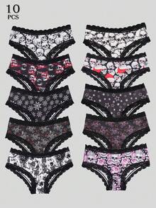 Dircho 10pcs Women's Sexy Gothic Contrast Lace Bikini Panties - Allover Skull/Star/Rose/Pirate Pattern Silky Soft Comfy Intimates Underwear, Stretch Breathable Elastic Waist Daily Lingerie Set - Multicolor - View 1