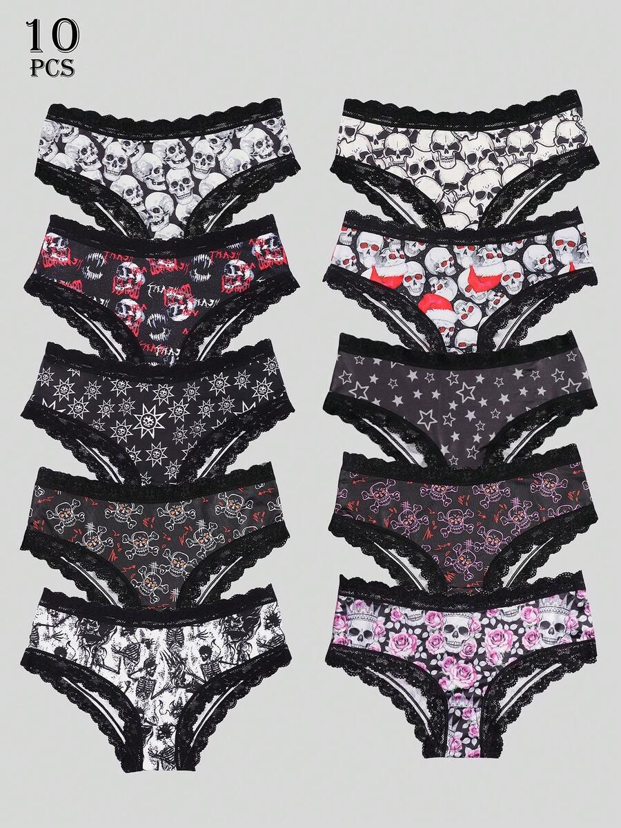Dircho 10pcs Women's Sexy Gothic Contrast Lace Bikini Panties - Allover Skull/Star/Rose/Pirate Pattern Silky Soft Comfy Intimates Underwear, Stretch Breathable Elastic Waist Daily Lingerie Set - Multicolor - View 1
