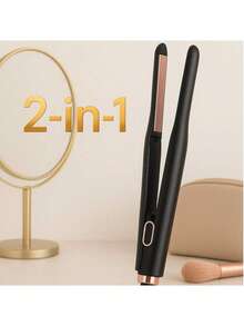 UKLISS 2-In-1 Mini Hair Styling Tool: 1/3 Inch Pencil Flat Iron (Straightener & Curler) - Portable Travel-Friendly, Adjustable Temp, Auto Shut-Off | For Women, Short Hair, Pixie Cut & Beard | Sleek Black Design With Copper Accents (Black & Gold) - View 1