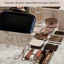 Bolsa de Cosméticos de Viaje de Gran CapacidadCosmetiquera de Piel para Mujeres Neceser de Viaje Impermeable Bolsa de Cosméticos Multifuncional para Mujer con Asas y Compartimentos PU Negro - PUNegro - Ver 4
