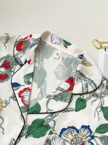 2件套女士丛林植物印花翻领短袖短裤睡衣套装，家居服 - 綠色 - 查看 8