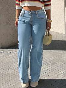 Women's Relaxed-Fit Jeans With Beaded Embellishments, Casual Street-Style Pocket Pants For Everyday Fashion. - 淺色水洗藍 - 查看 2