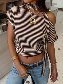 夏季新款条纹露肩上衣，性感挂脖系带设计，斜肩修身短款T恤 - 棕色 - 查看 6