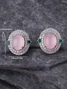 Cubic Zirconia Decor Oval Design Stud Earrings - Multicolor - View 3