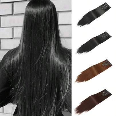 22 Inch Long Straight Clip-In Hair Extensions, Full Head Wear, 12pcs Set, Soft & Thick Synthetic Fiber Extensions, Suitable For Women & Girls, Suitable For Festivals, Weddings, Parties And Daily Wear