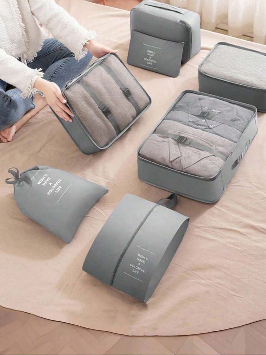 7 Peças Conjunto Organizador de Viagem - Cubos de Embalagem de Poliéster para Roupas, Roupas Íntimas, Sapatos, Calças, Meias, Cosméticos e Itens Essenciais de Viagem, Solução de Embalagem Eficiente e na Moda, com Saco de Lavanderia e Cubos de Embalagem, Saco para Sapatos - Acessórios de Viagem - Padrão Impresso Aleatório, Adequado para Cruzeiro, Férias na Praia, Viagem de Verão, Unissex - Multicolorido - Visão 1