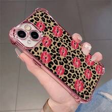 1pcs Leopard Print With Red Kiss Antidrop Phone Case Compatible With Apple Phone17ProMax 16 15 14Plus 11 12 13 ProMax Xs Max XS X Silicone Camera Protection Vintage Funky Personality Cute Fashion Can Be Given To A Lover Can Be Given To Friends - 粉色 - 查看 2