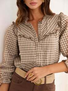 ELVA Brown Button Up Women Shirt Brunch Women Outfit Office Teacher  School Streetwear Casual Outing Women's Fashion Elegant Shirt Simple Basic Casual Fantasy Young Spicy Girl Fashion Spicy Girl Bold Tea Party Brunch Set Go Out Street Wear Grey Mini Women's Shirt Summer Holiday Dress Women's Shirt Women's Elegant Shirt Women's Casual Shirt Y2k Clothes Spring Dress Summer Dress - Brown - View 3