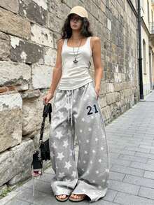 女士星形图案抽绳口袋裤，休闲街头风设计。适合派对、日常穿着和换季时节。 - 灰色 - 查看 2