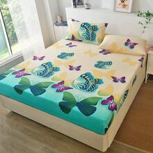 3件套彩色蝴蝶花卉印花床垫保护套，含床笠和2个枕套，活性印染，不褪色，不缩水，适用于卧室、客房、宿舍，柔软亲肤（1个床笠+2个随机颜色枕套）
