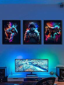 3pcs Unframed Canvas Posters, Modern Art, Cool Gaming Devices, Character Background, Neon Art Oil Painting Posters, Suitable For Bedroom, Living Room, Dining Room, Kitchen, Study, Corridor, Dormitory Decoration, Ideal Gift For Friends, Wall Art, Wall Decor, Home Decor, Room Decor Canvas Painting - Multicolor - View 4