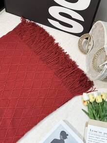 1 Diamond Grid Textured Knit Throw Blanket, Soft And Comfortable, Suitable For All Seasons, Suitable For Sofa, End Of Bed, Travel, Home Decor - Mixed Color Geometric Pattern, Acrylic Fabric - 菱形巾酒紅 - 查看 5