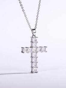 1pc Elegant Cubic Zirconia Cross Pendant Necklace, Gift For Women, Wedding Jewelry - Silver+White - View 2