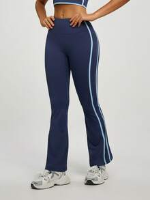 女士纯色提臀紧身裤，高腰健身打底裤，喇叭裤腿瑜伽裤 - 寶藍色 - 查看 12