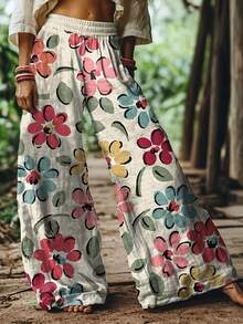 Vintage Bohemia Floral Pattern Women's Casual Pants Elastic Waist Trousers-Ladies' Elegant Retro Bohemian Casual Pants Beach Vacation Loose Printed Horn Wide Leg Pants Polyester Pants - 彩色 - 查看 1