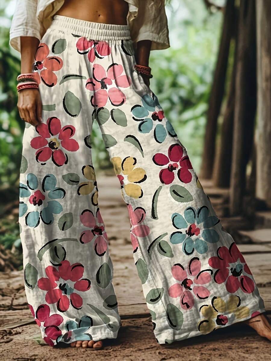 Vintage Bohemia Floral Pattern Women's Casual Pants Elastic Waist Trousers-Ladies' Elegant Retro Bohemian Casual Pants Beach Vacation Loose Printed Horn Wide Leg Pants Polyester Pants - 彩色 - 查看 1