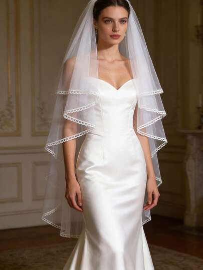 1pc Minimalist Double-Layer Lace Trim Veil, Decorative Tulle For Bride, Simple Korean Style Wedding Dress Accessory