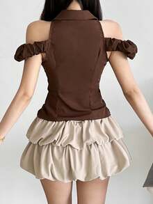 Top Dazzle Women's Brown Cold Shoulder Crop Top With Ruffled Details And Shirt Collar Knitted Fabric Slight Stretch Regular Length Carnivals Vacation Homecoming - Brown - View 8