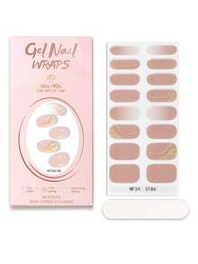 16片半固化凝胶美甲贴纸，优雅精致的裸粉色波浪金线水晶美甲贴纸，柔和色调搭配金色镶边装饰，沙龙品质，需配合UV灯使用，适合女性和女孩日常通勤、约会、节日、DIY快速美甲，时尚美甲用品。 - 彩色 - 查看 6