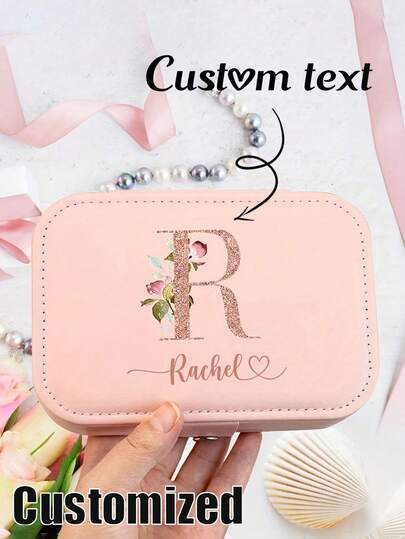 1pc Customized Jewelry Box For Valentine's Day, Bridesmaid Jewelry Box, Can Print Name And Initial, Elegant PU Leather Women's Jewelry Box, Suitable As Valentine's Day Gift, Wedding Gift, Anniversary Gift, Large Capacity Jewelry Box To Store Necklaces, Bracelets, Earrings, Etc.