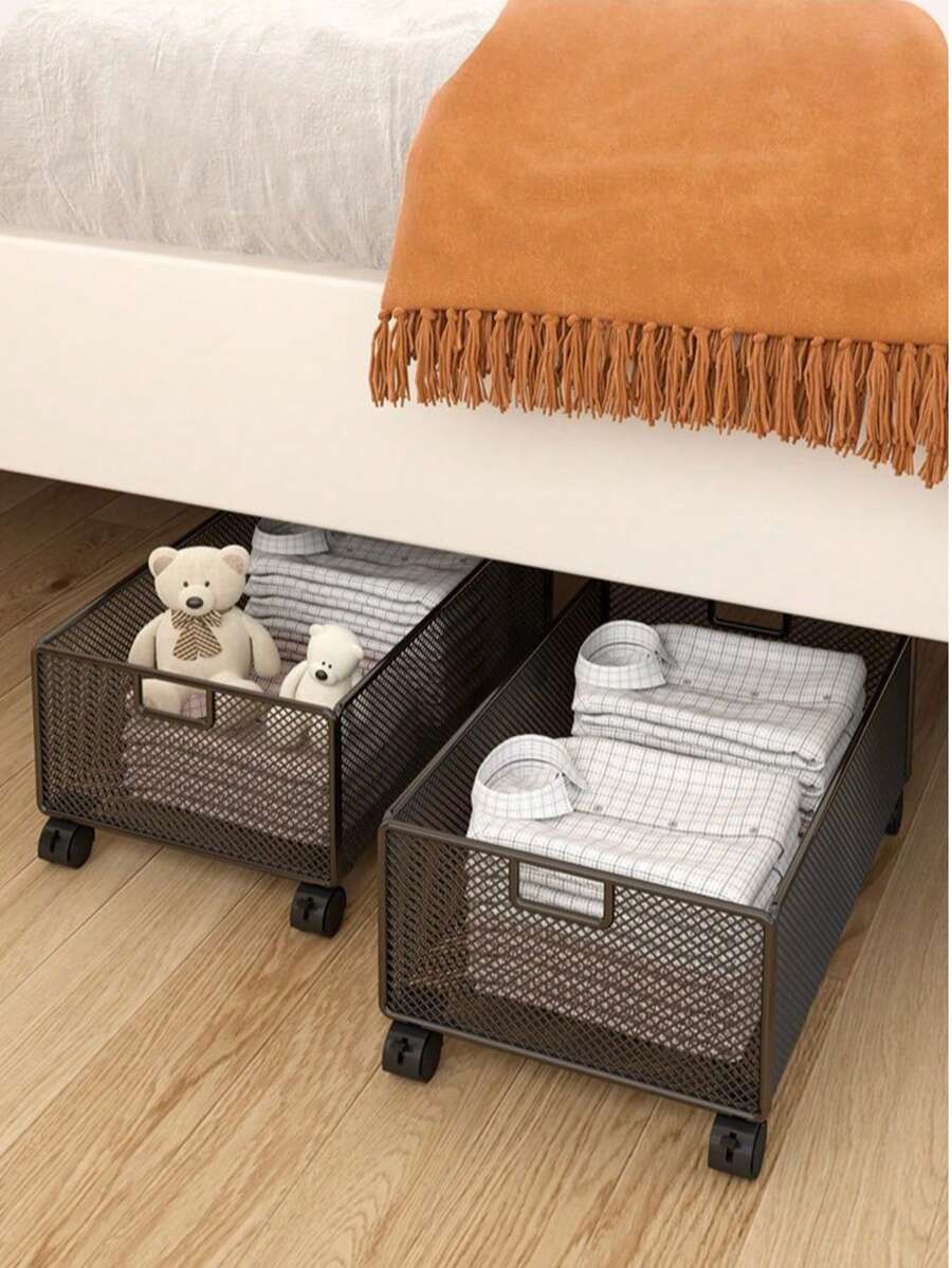 1 pieza Caja de almacenamiento plana con ruedas, adecuada para almacenamiento debajo de la cama; 1 pieza Estantería de almacenamiento de ropa tipo cajón para el hogar - Multicolor - Ver 1