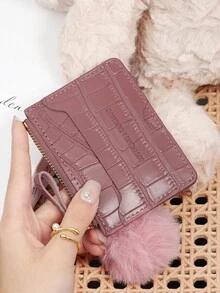 Adorned With A Delicate Pom Pom,Pink Letter Embossed Zipper Small Wallet Coin Pocket Small Purse Bifold Slim Women Wallet MiniThin,Lightweight,Multi Layer Portable,ID Card,Money Credit Card Minimalist,Fashion,Modern,Business,For Anniversary,For Birthday Gift,For Gift,For Girls,For Lady,For Female,Bag School Supplies For School Dorm Room & Back To School - Pink - View 2