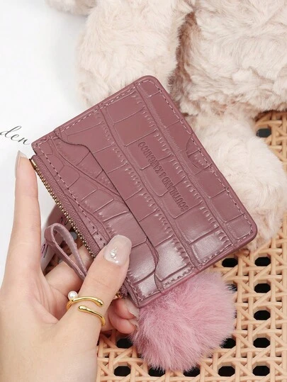 Dekorerad med en fin pompom, rosa bokstav präglad dragkedja liten plånbok myntficka liten handväska bifold smal damer plånbok minitunn, lätt, flera lager bärbar, ID-kort, pengar kreditkort minimalistisk, mode, modern, företag, för årsdagar, för födelsedagspresent, för present, för flickor, för dam, för kvinna, väska skolmaterial för skolan studentrum och tillbaka till skolan