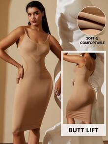 1 件女士塑身衣，收腹平身紧身瘦腰训练器，提臀连衣裙，无缝 - 杏色 - 查看 2