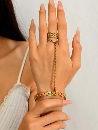 2pcs Stainless Steel Women Geometric Element Finger Ring & Bracelet Set, Suitable For Daily, Festival, Date, Engagement, Wedding, Outing, Party Matching